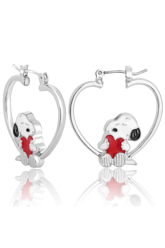 Snoopy Heart Hoop Earrings for Women Official License, Silver-Tone