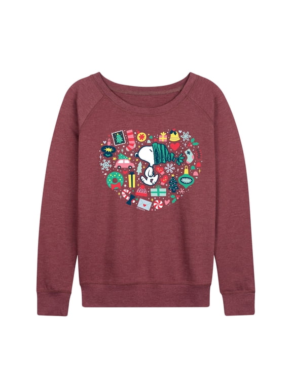 - Snoopy Holiday Icons Heart Women's Lightweight French Terry Wide Neck Long Sleeve Graphic Shirt