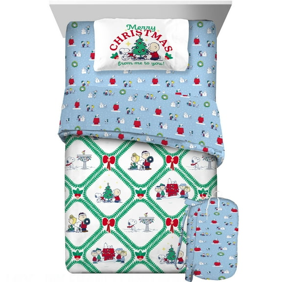 Peanuts Snoopy Holiday Kids 6 Piece Reversible Comforter, Pillowcase, Sheet Set, and Backpack, Queen