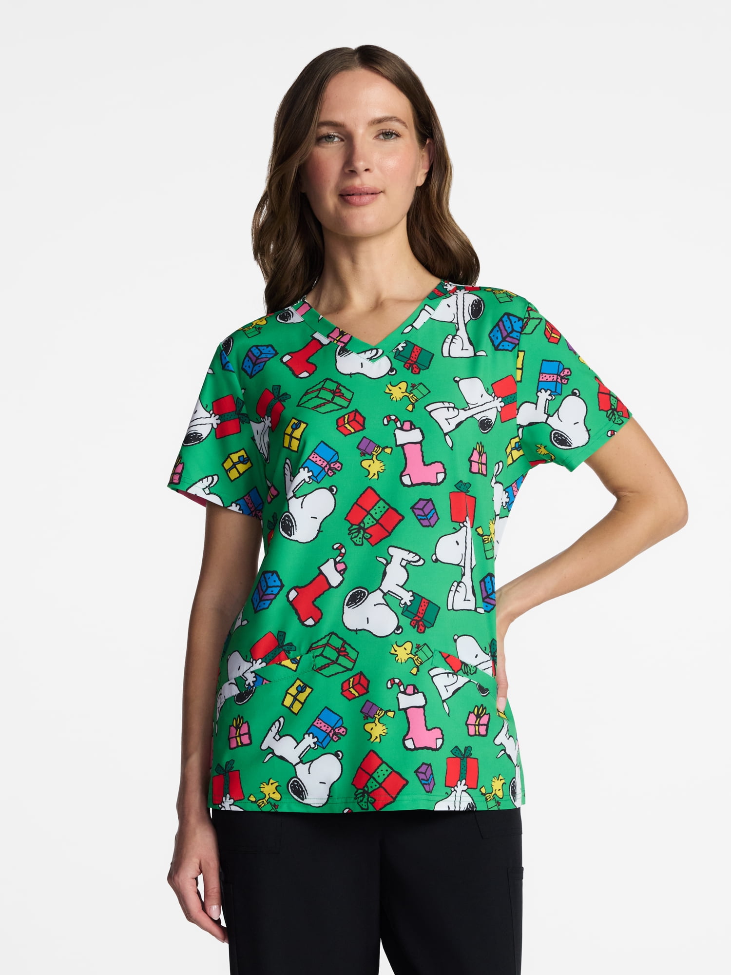 Peanuts Women's Holiday Scrub Top with Short Sleeves, Sizes S-XXXL