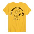 thumbnail image 1 of Peanuts - Snoopy Homeworks Got Me Like - Toddler And Youth Short Sleeve T-Shirt, 1 of 6