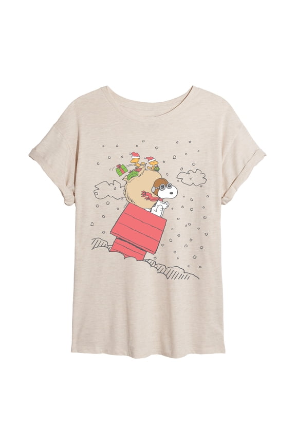 - Snoopy House Sled Oversized - Womens Oversized Graphic T-Shirt