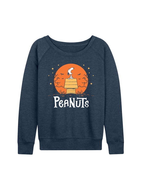- Snoopy Howling Women's Lightweight French Terry Wide Neck Long Sleeve Graphic Shirt