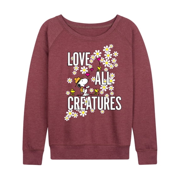 Peanuts - Snoopy Love All Creatures Women's Lightweight French Terry Wide Neck Long Sleeve Graphic Shirt