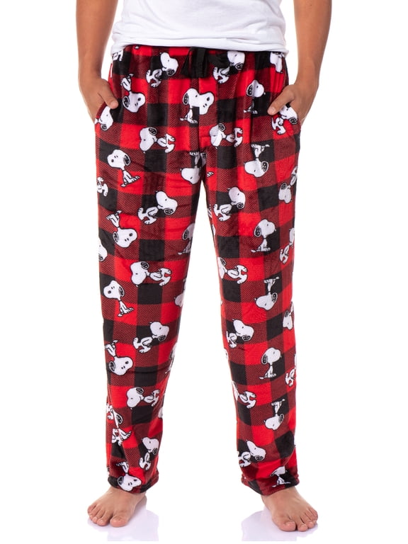 Peanuts Snoopy Men's AOP Character Buffalo Toss Soft Fleece Pajama Pant Lounge Sleep w Side Pockets and Drawstring Waist