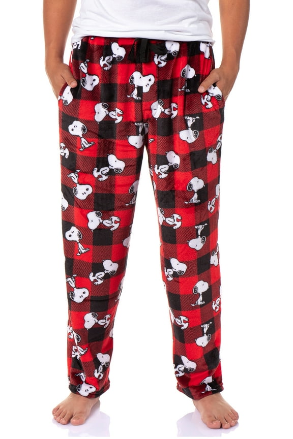 Snoopy Men's AOP Character Buffalo Toss Soft Fleece Pajama Pant Lounge Sleep w Side Pockets and Drawstring Waist