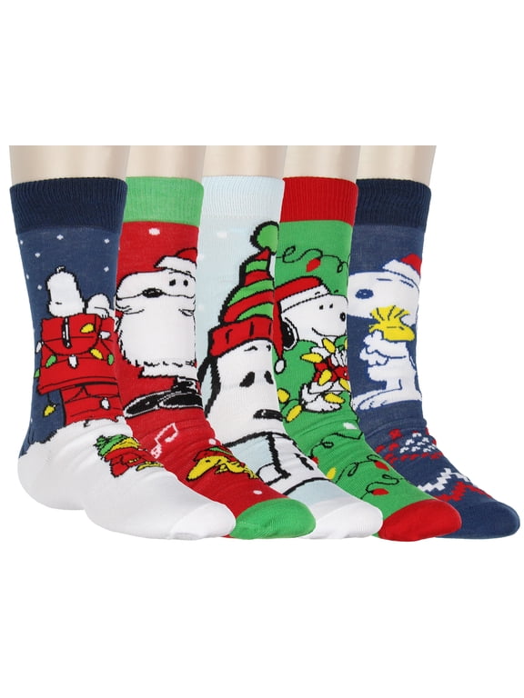 Snoopy Men's Socks Holiday Inspired Designs 5-Pack Adult Mid-Calf Crew Socks Size 6-12