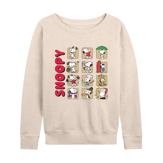 Peanuts - Snoopy Monthly Women's Lightweight French Terry Wide Neck Long Sleeve Graphic Shirt