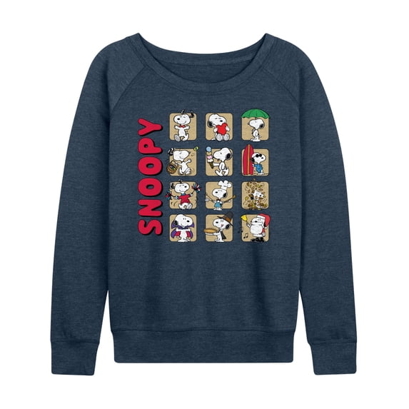 Peanuts - Snoopy Monthly Women's Lightweight French Terry Wide Neck Long Sleeve Graphic Shirt