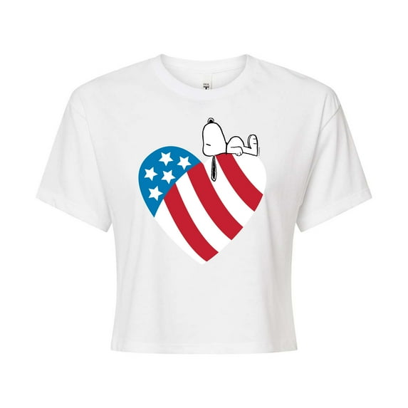 Peanuts - Snoopy On Flag Heart - Juniors Cropped Cotton Blend T-Shirt