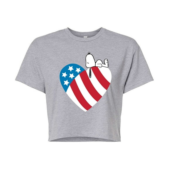 Peanuts - Snoopy On Flag Heart - Juniors Cropped Cotton Blend T-Shirt