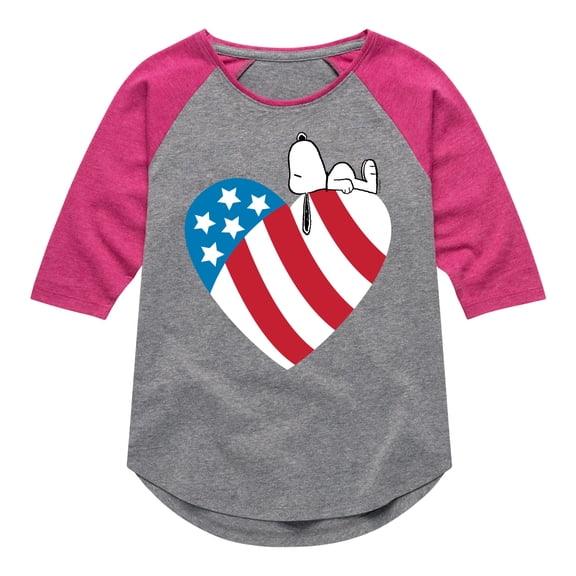Peanuts - Snoopy On Flag Heart - Toddler & Youth Girls Raglan Graphic T-Shirt