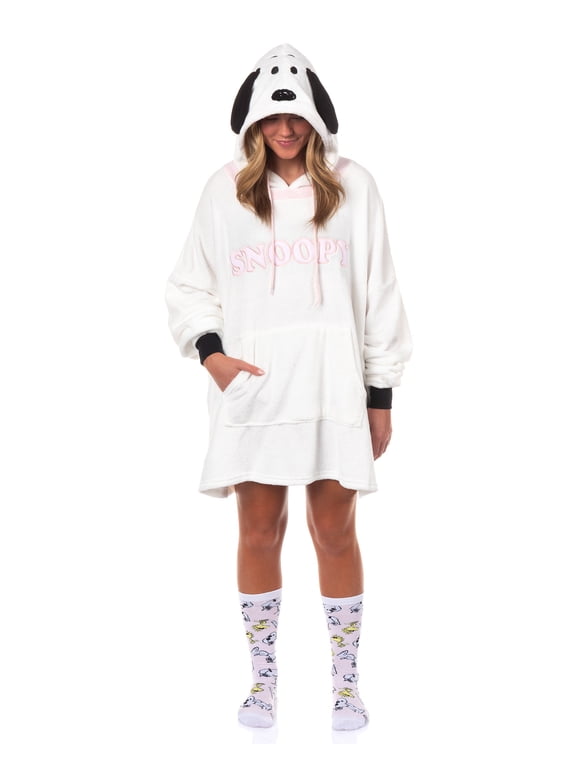 Peanuts Snoopy Pajamas Women's Pullover Hooded Adult Plush Dorm Sleep Shirt
