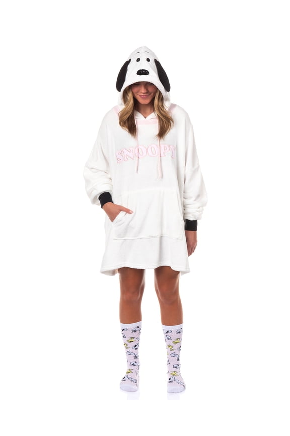 Peanuts Snoopy Pajamas Women's Pullover Hooded Adult Plush Dorm Sleep Shirt