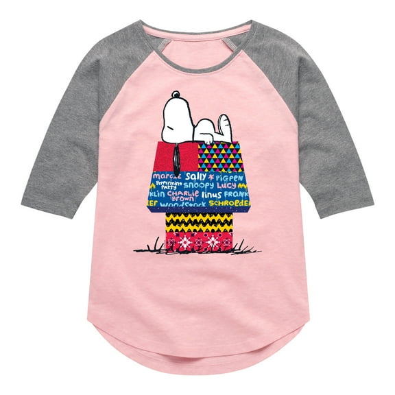 Peanuts - Snoopy Patchwork Doghouse  - Toddler And Youth Girls Raglan Graphic T-Shirt