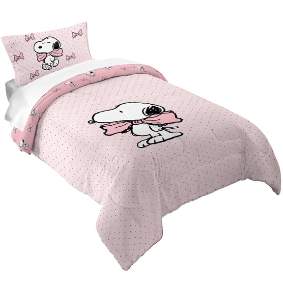 Peanuts Snoopy Pink Coquette Reversible Comforter and Pillowcase set, Twin/full