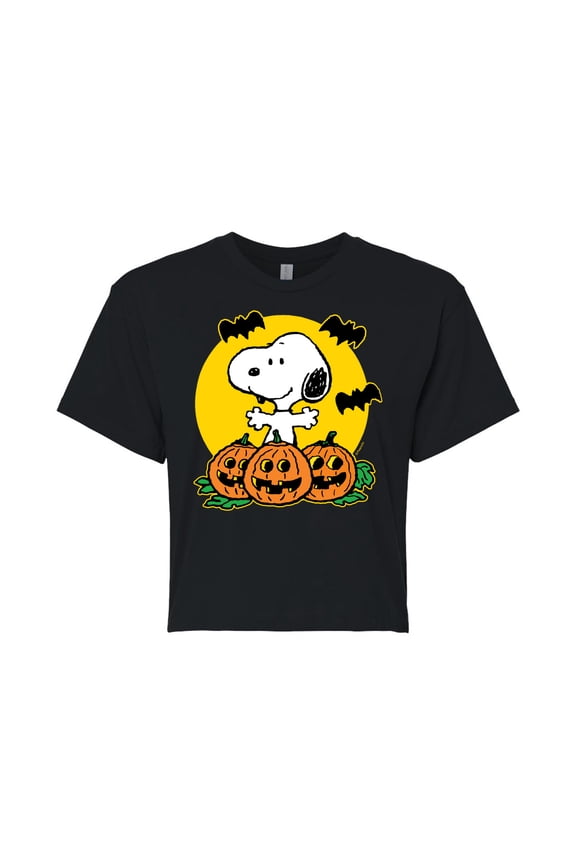 - Snoopy Pumpkin Patch - Juniors Cropped Cotton Blend T-Shirt