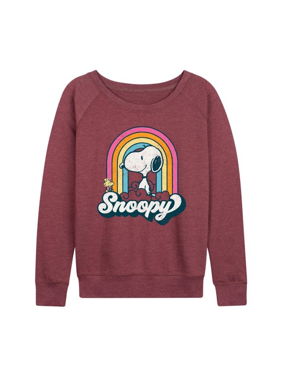 - Snoopy Rainbow Clouds Women's Lightweight French Terry Wide Neck Long Sleeve Graphic Shirt