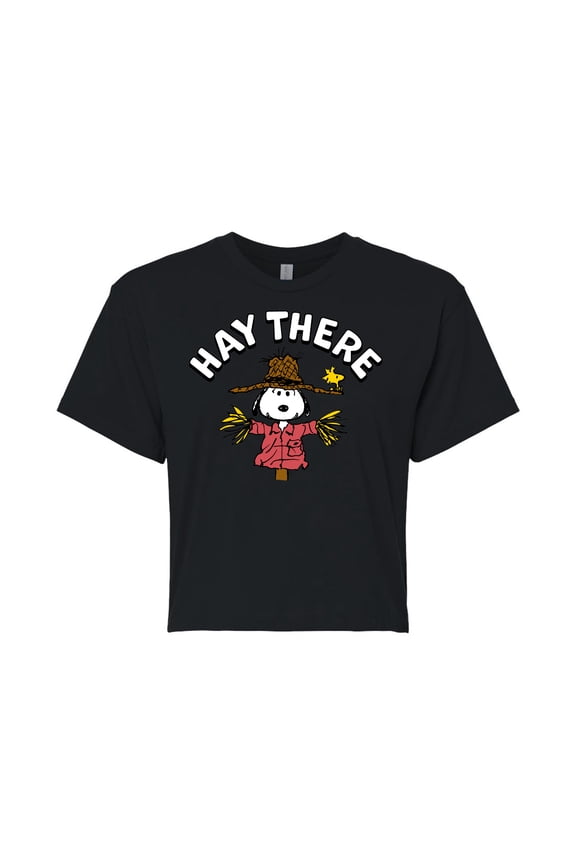 - Snoopy Scarecrow Hay There - Juniors Cropped Cotton Blend T-Shirt