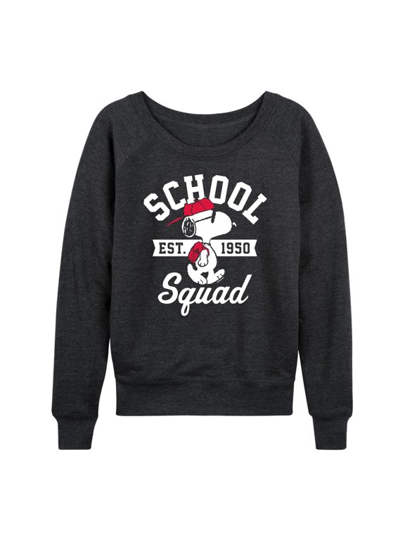 - Snoopy School Squad Women's Lightweight French Terry Wide Neck Long Sleeve Graphic Shirt