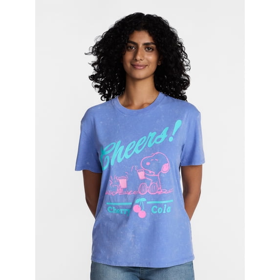 Peanuts Snoopy Women's Mineral Washed Graphic Tee with Short Sleeves, Sizes XXS-XXL