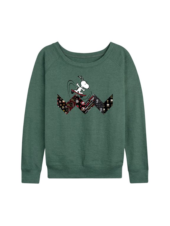 - Snoopy Skating Pattern Women's Lightweight French Terry Wide Neck Long Sleeve Graphic Shirt