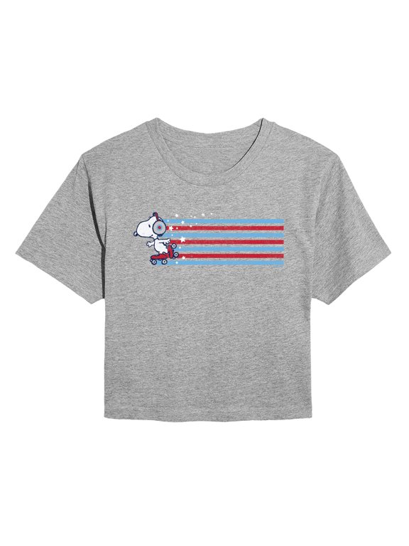 - Snoopy Skating Stars and Stripes - Juniors Cropped Graphic T-Shirt