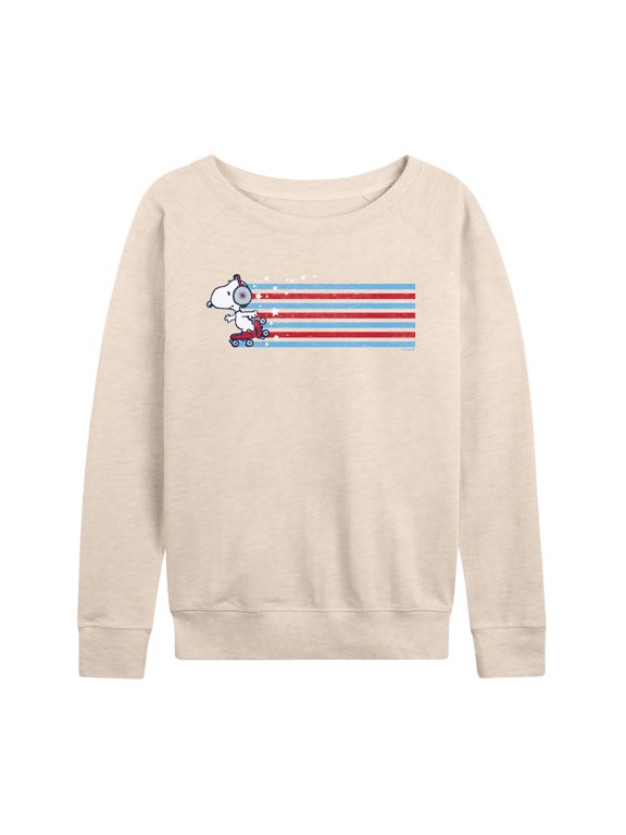 - Snoopy Skating Stars and Stripes Women's Lightweight French Terry Wide Neck Long Sleeve Graphic Shirt