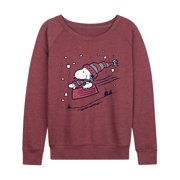 Peanuts - Snoopy Sledding Women's Lightweight French Terry Wide Neck Long Sleeve Graphic Shirt