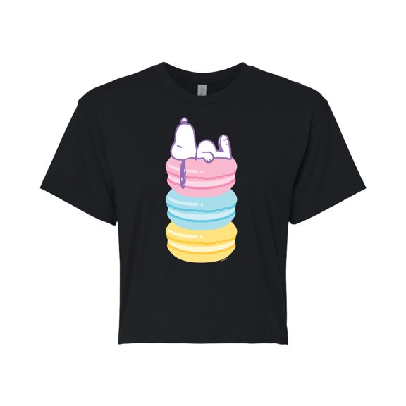 Peanuts - Snoopy Stacked Macarons - Juniors Cropped Cotton Blend T-Shirt