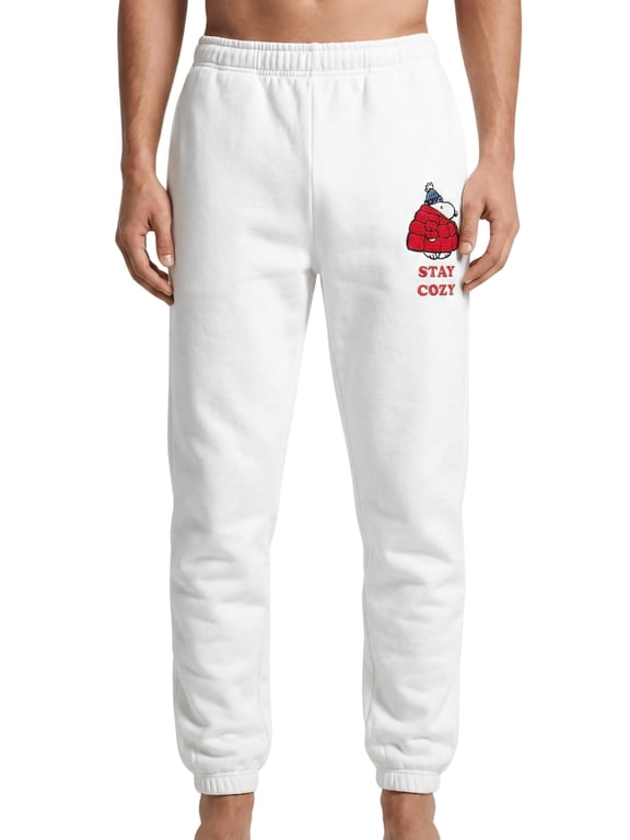 Peanuts Snoopy Stay Cozy Embroidered White Pants Adult Unisex Sweatpants - Officially Licensed