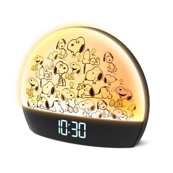 Peanuts Snoopy Sunrise Alarm Clock – Vibrant Snoopy Edition with Multicolor Lights, USB Charging, LED Display, Gentle Wake-Up Simulation, and Handy Snooze Function, Black