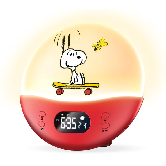Peanuts Snoopy Sunrise Alarm Clock  Vibrant Snoopy Edition with Multicolor Lights, USB Charging, LED Display, Gentle Wake-Up Simulation, and Handy Snooze Function, Red (V2)