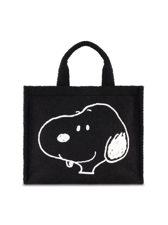 Snoopy Tote Bag, Faux Fur Travel Handbag with Adjustable Shoulder Strap and Trolley Sleeve, Black