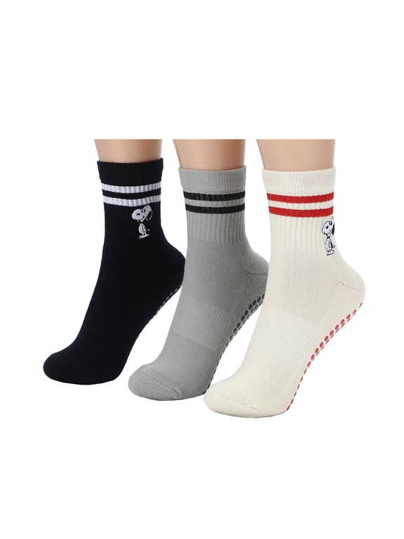 Peanuts Snoopy Women's 3-Pair Pack Pilates Grip Quarter Crew Socks