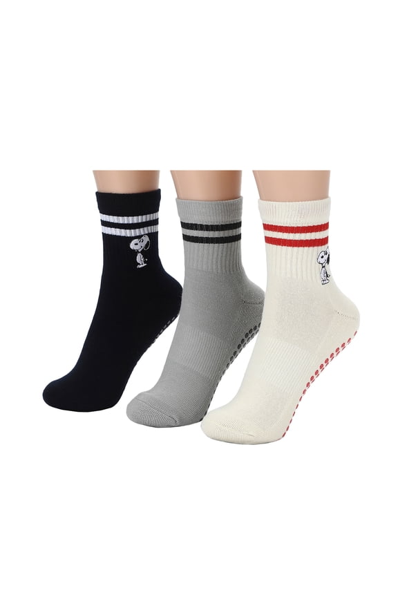 Peanuts Snoopy Womens 3-Pair Pack Pilates Grip Quarter Crew Socks