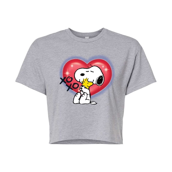 Peanuts - Snoopy Woodstock Graffiti Heart - Juniors Cropped Cotton Blend T-Shirt