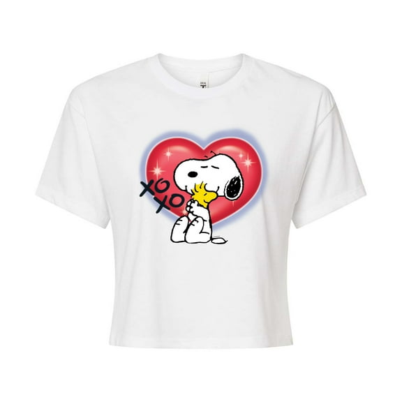 Peanuts - Snoopy Woodstock Graffiti Heart - Juniors Cropped Cotton Blend T-Shirt