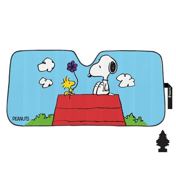 Peanuts Snoopy & Woodstock Auto Sunshade with Little Tree Air Freshener Universal Fit Windshield Protector for Cars, Trucks & SUVs Keeps Vehicle Cool & Fresh