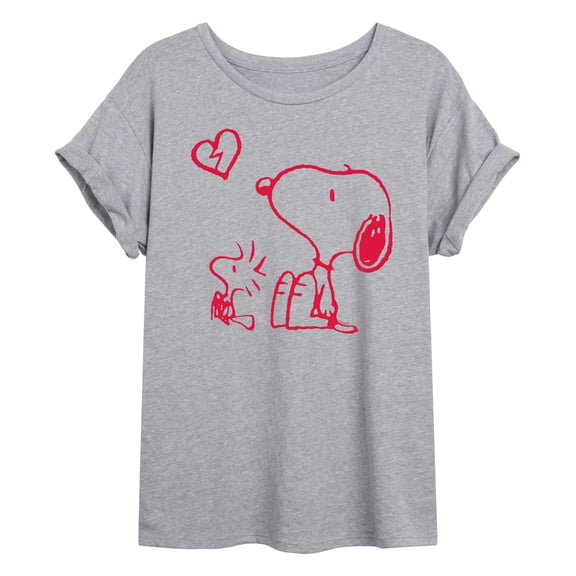 Peanuts - Snoopy Woodstock Broken Heart - Juniors Oversized Graphic T-Shirt