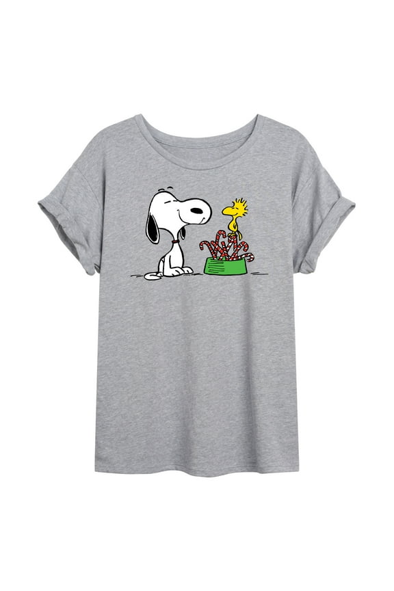 - Snoopy Woodstock Candy Canes - Women's Oversized Graphic T-Shirt