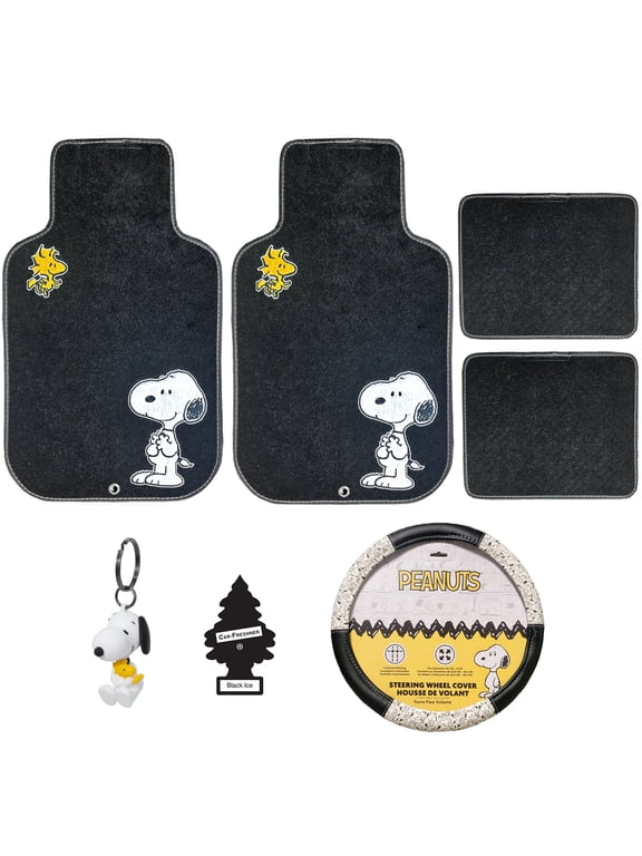 Peanuts Snoopy Woodstock Car Floor Mats Steering Wheel Cover 3D Keychain Air Freshener Full Bundle Set