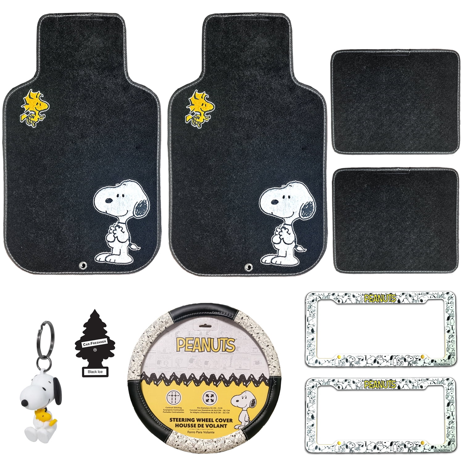 Peanuts Snoopy  Woodstock Car Floor Mats License Plate Frames Steering Wheel Cover 3D Keychain Air Freshener Full Bundle Set