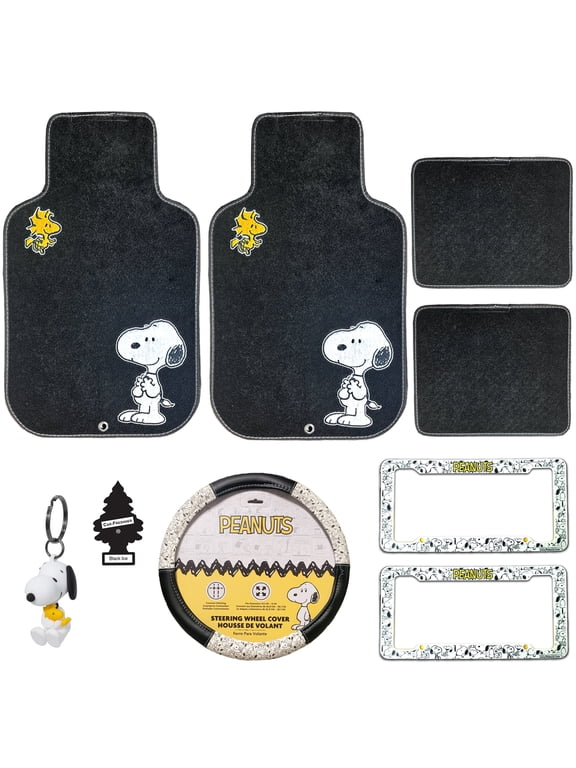 Peanuts Snoopy Woodstock Car Floor Mats License Plate Frames Steering Wheel Cover 3D Keychain Air Freshener Full Bundle Set