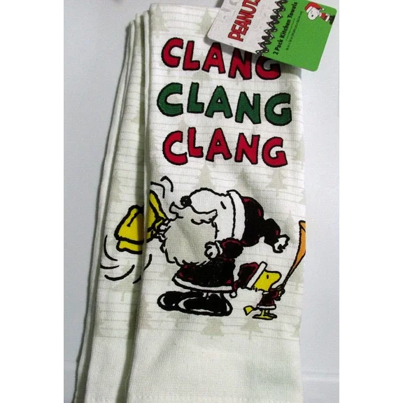 Peanuts Snoopy & Woodstock Christmas Kitchen Towels Set Of 2 'Clang' White New