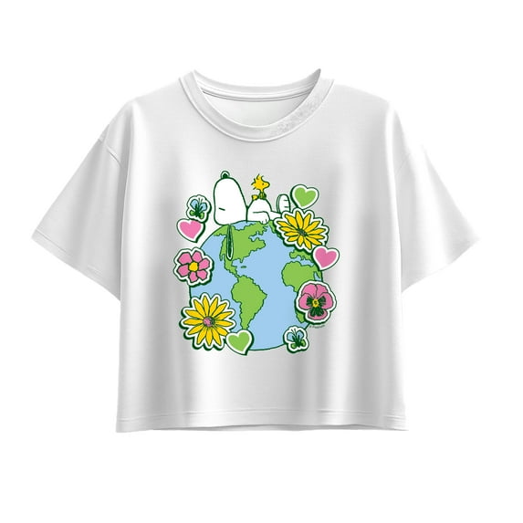 Peanuts - Snoopy Woodstock Earth Stickers - Youth Girl Short Sleeve Boxy Tee