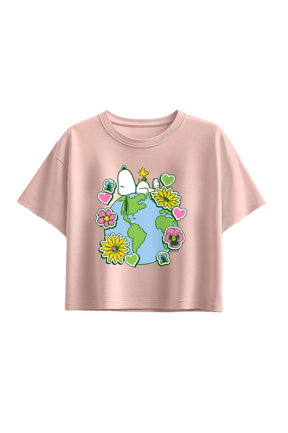 - Snoopy Woodstock Earth Stickers - Youth Girl Short Sleeve Boxy Tee