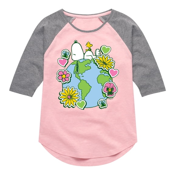 Peanuts - Snoopy Woodstock Earth Stickers - Youth Girls Shirt Tail Raglan T-Shirt