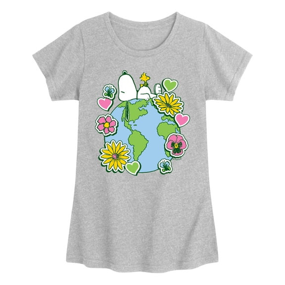 Peanuts - Snoopy Woodstock Earth Stickers - Youth Girls Short Sleeve T-Shirt