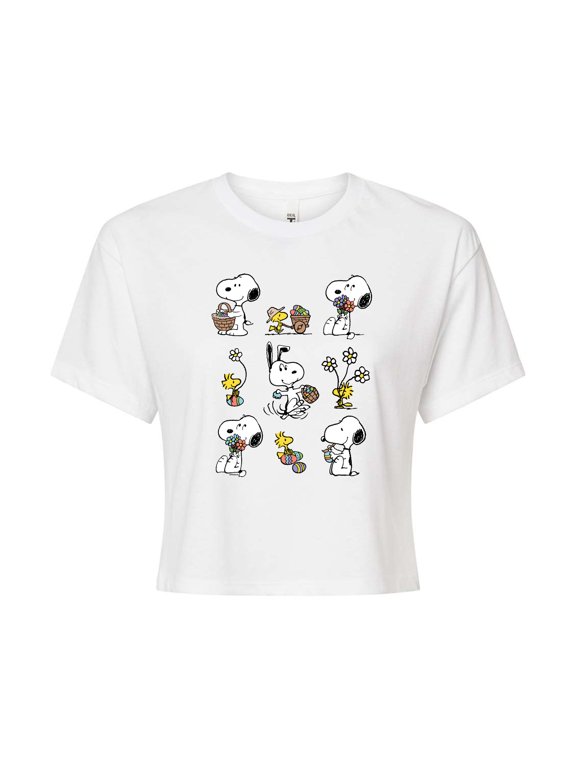 - Snoopy & Woodstock Easter Grid - Juniors Cropped Graphic T-Shirt